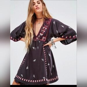 Free People Tulum Embroidered Smock Black Mini Dress Tunic Women Size Large Boho